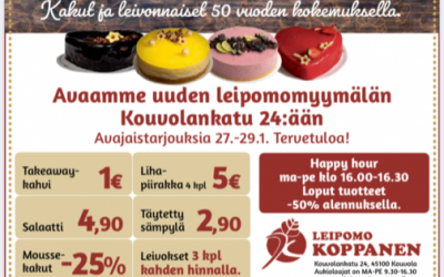 Avaamme uuden myymälän Kouvolan keskustaan, myymälä avoinna ma-pe klo 8.30 – 18.00 ja la 10-13